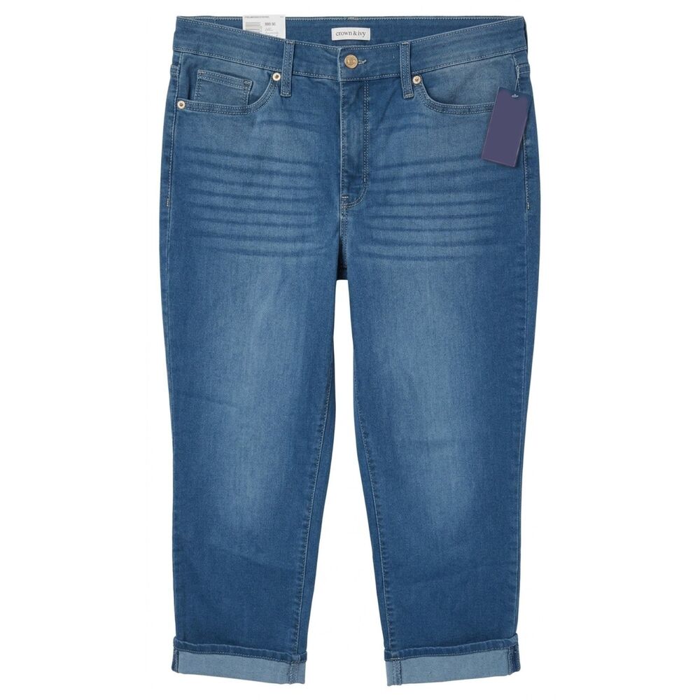 NWT Crown & Ivy Women's Blue Denim Cuffed Crop Jeans Size 12 Stretch High Rise